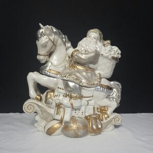 Vintage Ceramic Santa on Horse Cookie Trinket Jar White Gold Silver Sparkle